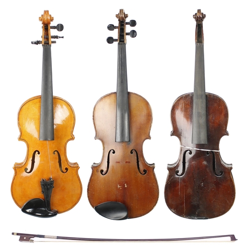 2006 - Two old full size violins, a three-quarter size violin and a bow