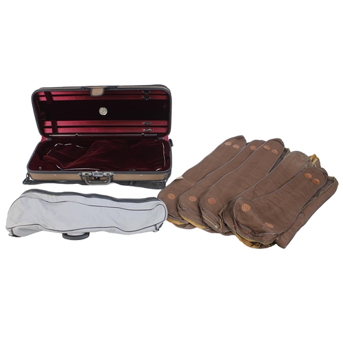 2010 - Good oblong double violin case with plush burgundy lined interior; also various violin soft covers (... 