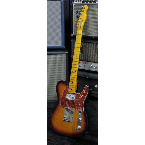 569 - Custom built Tele type electric guitar; Body: sunburst finish Squier body, dings and marks throughou... 