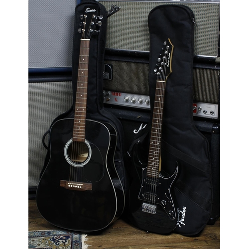 578 - Harley Benton short scale electric guitar; together with an Encore acoustic guitar, both with gig ba... 