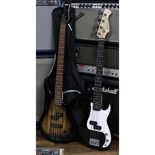 587 - Gio Ibanez Soundgear GSR 200SM bass guitar, soft bag; together with a Harley Benton standard series ... 