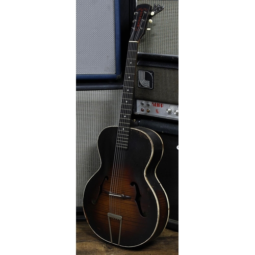 589 - 1930s Orpheum no. 1 archtop guitar; Body: tobacco sunburst figured maple, heavy wear throughout; Nec... 