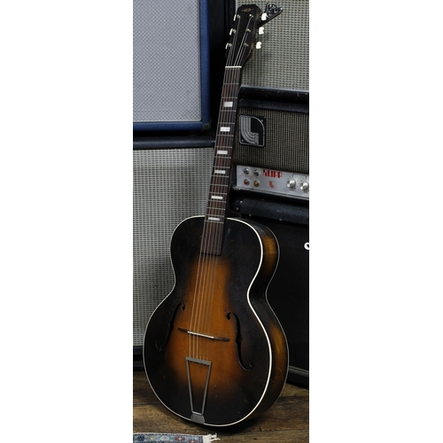 591 - 1930s Avalon archtop guitar in need of some restoration; Body: sunburst finish, heavy scratches and ... 