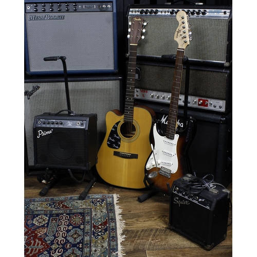 598 - Squier by Fender Affinity Series Strat left-handed electric guitar; together with a Fender DG10CE el... 