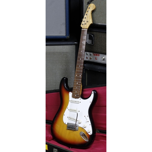 605 - 1980s S type electric guitar, branded 'Carmel'; Body: sunburst finish, various dings and scratches; ... 