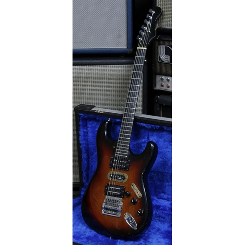 606 - Interesting composite S type electric guitar; Body: sunburst finish S type body, lacquer checking an... 