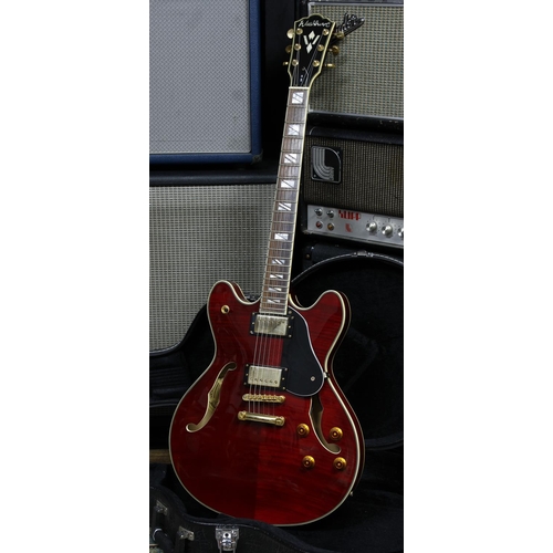 638 - 2006 Washburn HB35WR semi-hollow body electric guitar; Body: cherry finish, light buckle scratches t... 