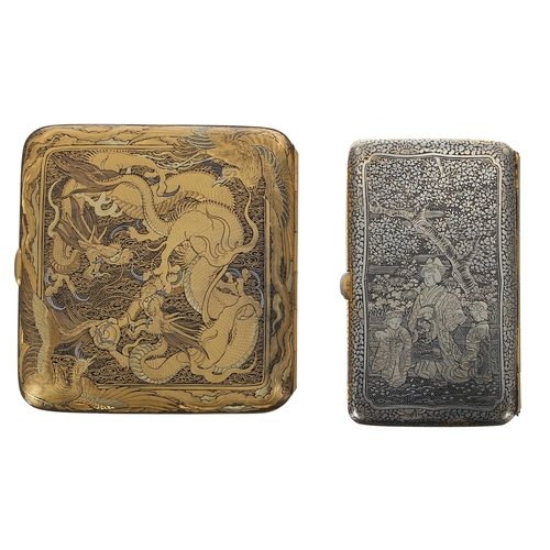 755 - Japanese gilt metal Fujii Damascene Co. cigarette case by Fujii Yoshitoyo (b.1868), of slight curved... 