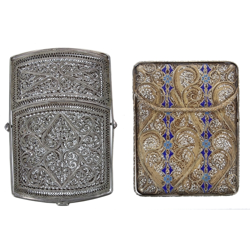 763 - Attractive gilt metal and enamelled filigree cigarette case, with swing hinge cover, 2.5