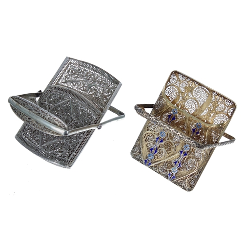 763 - Attractive gilt metal and enamelled filigree cigarette case, with swing hinge cover, 2.5