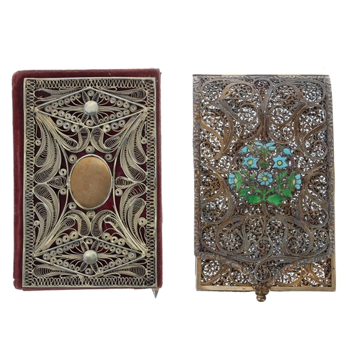 765 - Gilt metal and enamelled openwork filigree card case, with a hinged cover decorated with a wildflowe... 