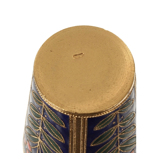 784 - Russian silver gilt and cloisonné vodka tot, decorated with stylised leaf and berry panels, makers m... 