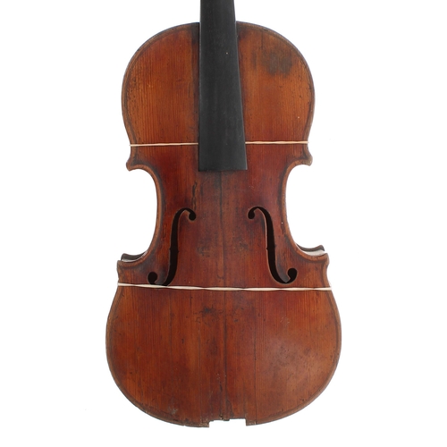 2444 - Interesting 19th century violin in need of some restoration, the two piece back of faint medium curl... 