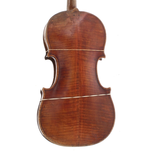 2444 - Interesting 19th century violin in need of some restoration, the two piece back of faint medium curl... 