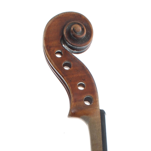 2444 - Interesting 19th century violin in need of some restoration, the two piece back of faint medium curl... 