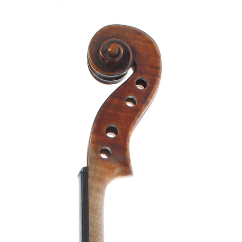 2444 - Interesting 19th century violin in need of some restoration, the two piece back of faint medium curl... 