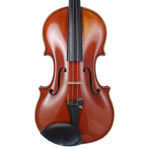 2448 - Violin labelled EM Reims, Ste Cecile de Champagne no. 6 Anno 1905, the two piece back of medium curl... 