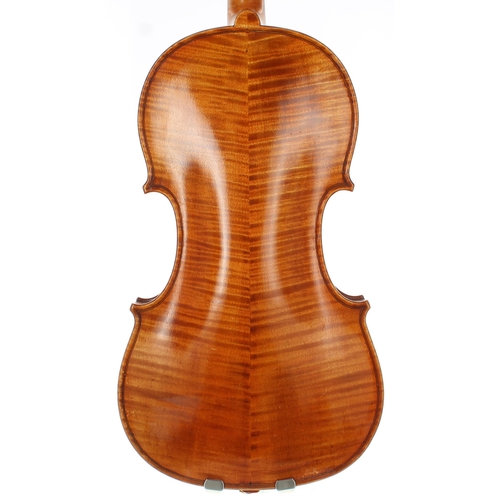 2451 - Violin labelled William H. Luff, Maker, London 1965, the two piece back of medium curl with similar ... 