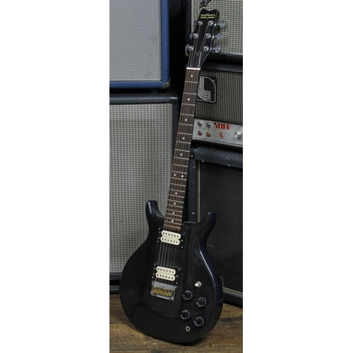 617 - 1980s Washburn Wing Series Raven electric guitar, made in Japan; Body: black refinish, vacant strap ... 