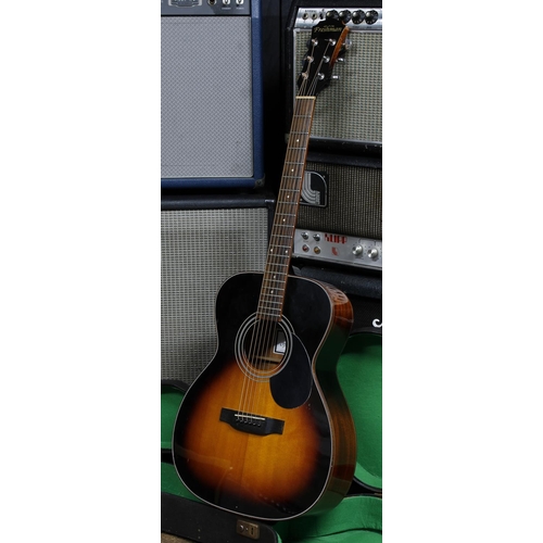 644 - Freshman Open Plains FOP10TSE acoustic guitar; Body: sunburst finish, heavy scratches and dings thro... 