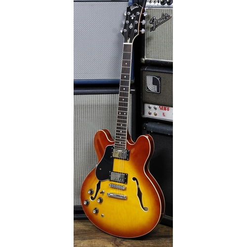651 - Revelation semi-hollow body left-handed electric guitar; Body: amber burst finish, scratches to cent... 