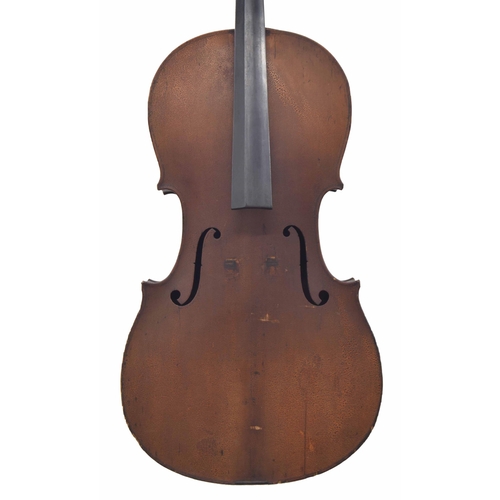 2508 - Late 19th century violoncello, unlabelled, the two piece back of fine faint curl with similar w... 