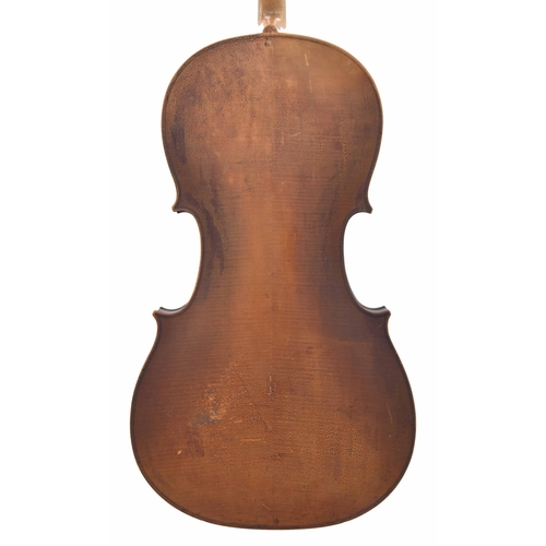 2508 - Late 19th century violoncello, unlabelled, the two piece back of fine faint curl with similar w... 