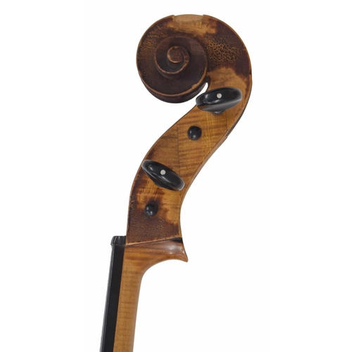 2508 - Late 19th century violoncello, unlabelled, the two piece back of fine faint curl with similar w... 