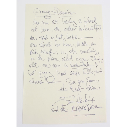 452 - Jimi Hendrix - handwritten letter by Jimi Hendrix, circa 1968, inscribed '...Dennis, we are all havi... 