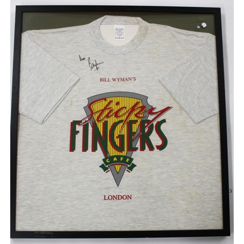 469 - Bill Wyman - autographed Sticky Fingers Café T-shirt, signed by Bill Wyman in black pen, glazed and ... 