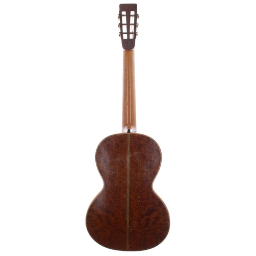 1352 - Interesting parlour guitar, possibly French; Back and sides: birds eye maple, split to centre back, ... 