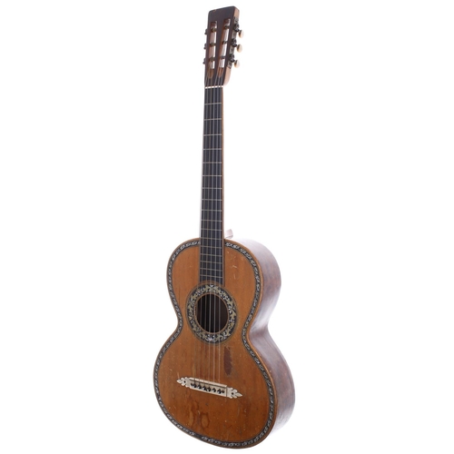 1352 - Interesting parlour guitar, possibly French; Back and sides: birds eye maple, split to centre back, ... 