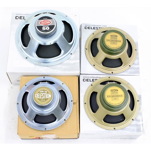 848 - Pair of Celestion G10 green back guitar amplifier speakers; together with a Celestion G12E-50 speake... 