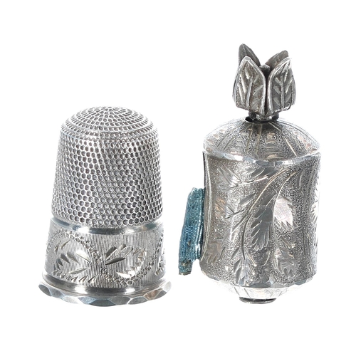 825 - Cased antique silver tape measure, pin cushion and thimble, the case 60mm wide