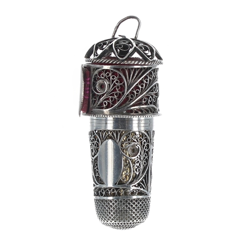 826 - 19th century silver filigree combination thimble/scent bottle/tape measure, the thimble with plain o... 