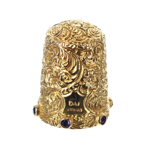 836 - Ornate 9ct gem set foliate chased thimble, set with a single diamond ruby, emerald, garnet, amethyst... 