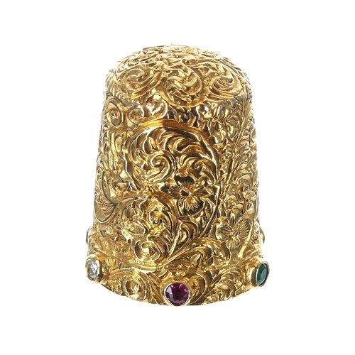 836 - Ornate 9ct gem set foliate chased thimble, set with a single diamond ruby, emerald, garnet, amethyst... 