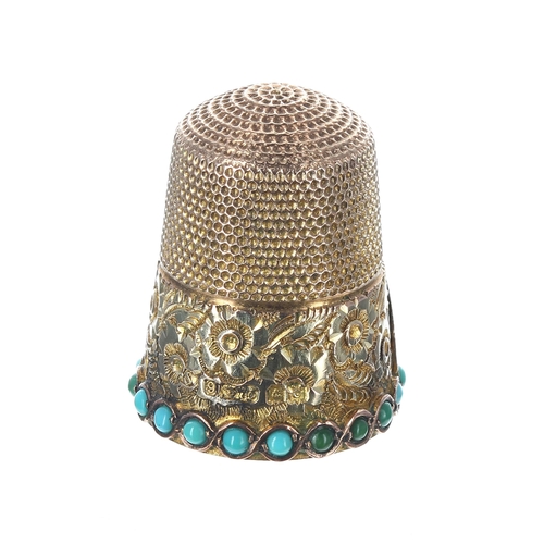 837 - 9ct yellow gold turquoise set thimble, with a foliate engraved band and vacant cartouche, 4.9gm, 22m... 