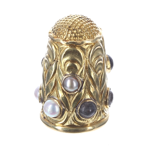 838 - 19th century repoussé gold pearl and stone set thimble, 10gm, 27mm