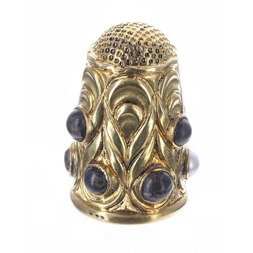 838 - 19th century repoussé gold pearl and stone set thimble, 10gm, 27mm