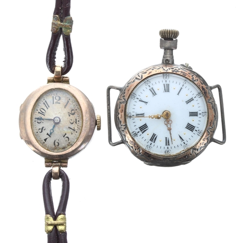 116 - 9ct ladies wristwatch for repair, import hallmarks London 1924, silvered dial, hinged case, brown le... 