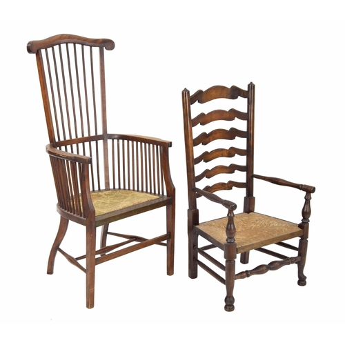 1323 - A wavy ladder back oak fireside chair with rush seat, 22