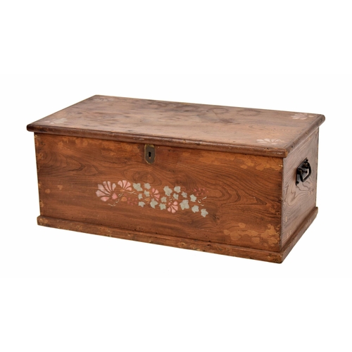 1329 - Elm blanket chest, with two cast iron handles, with painted floral stencil decoration to the top and... 