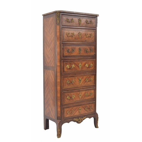 1330 - 19th century French kingwood semanier (tall chest), the moulded marble top over canted chest of seve... 