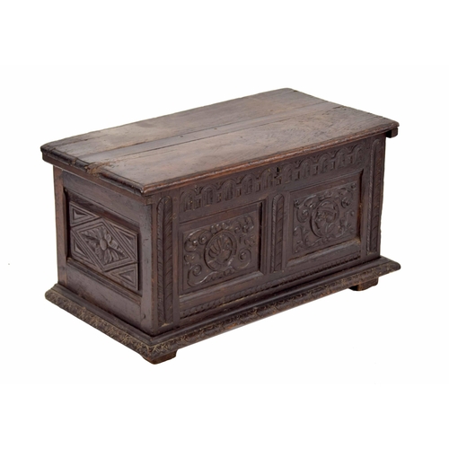 1331 - 18th century Continental oak coffer/chest, the hinged cover enclosing an open interior over sides wi... 