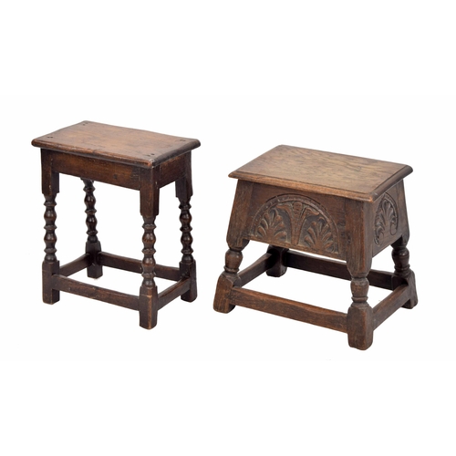 1332 - Antique oak box stool, hinged top enclosing an open interior over a carved freeze panel raised on tu... 