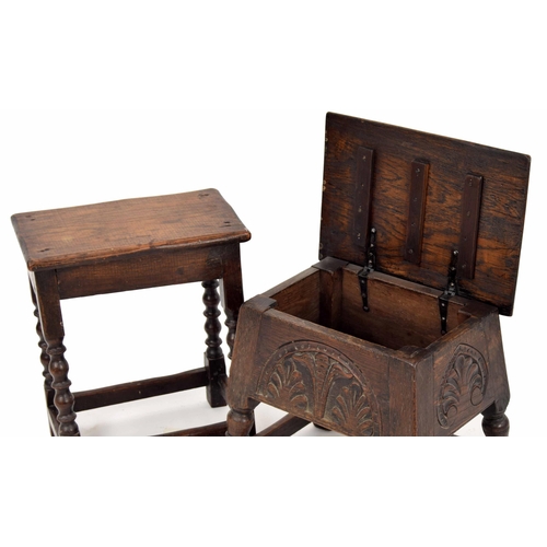 1332 - Antique oak box stool, hinged top enclosing an open interior over a carved freeze panel raised on tu... 