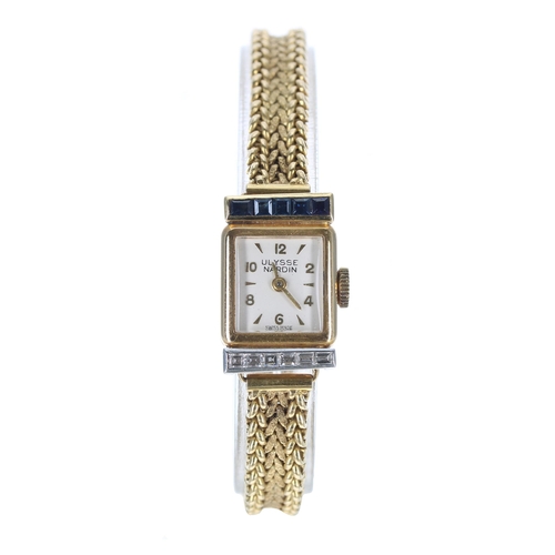 96 - Ulysse Nardin 18ct sapphire and diamond wire-lug lady's wristwatch, square silvered dial with gilt A... 