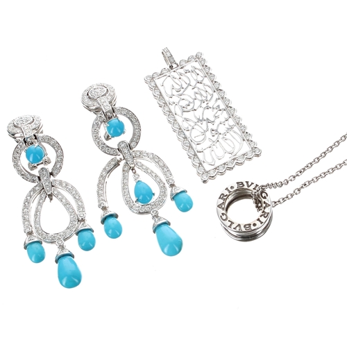 535 - Pair of fancy 18ct white gold diamond and turquoise drop earrings, 20.3gm, drop 58mm; Bulgari 18ct w... 