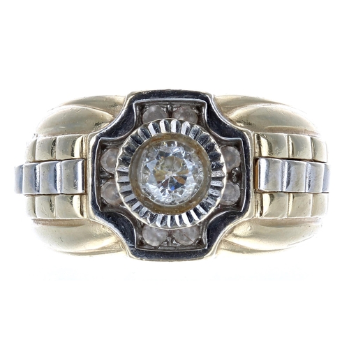 608 - 14ct bicolour belt design ring set with white stones, width 12mm, 8.6gm, ring size P (359)... 